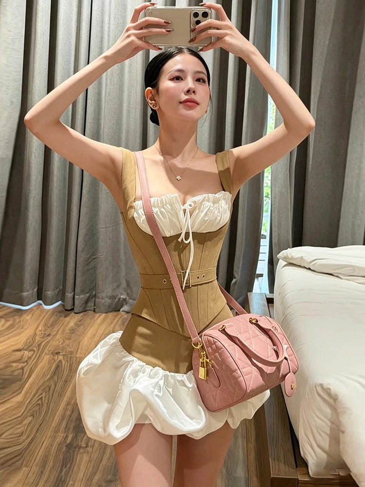 Patchwork 2-Piece Set Women Bandage Low-Neck Fake Fish Bone Belt Decoration Vest+Puffy Hem Skirt Fashion Sweet Suit
