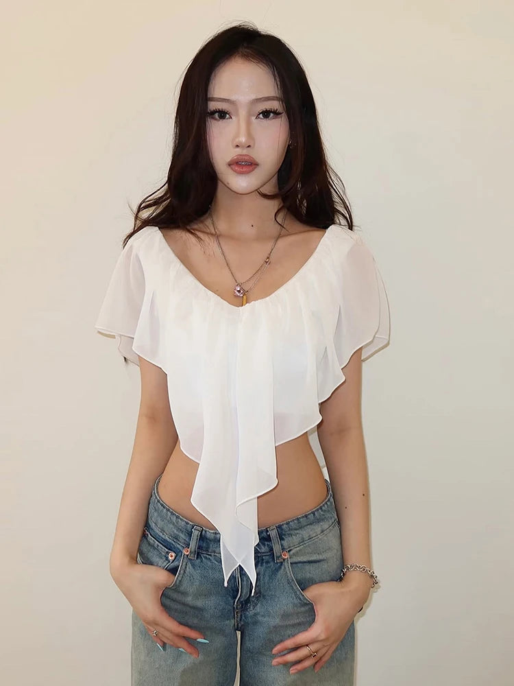 Elegant 2 Piece Set Women Fashion Trend Mesh Ruffled V-Neck Top+Lace Patchwork Long Skirt Sweet Chic Party Club Suits