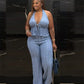 2 Piece Set Woman Jacquard Patchwork Halter Low-Neck Bandage Decoration Backless Tank Tops+Straight Pant Street Suits
