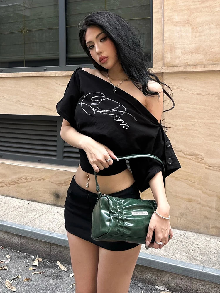 Slash Neck t-Shirt Women Button Half Sleeve Fake Diamond Letter Music Festival Leisure Daily Summer Trend Streetwear
