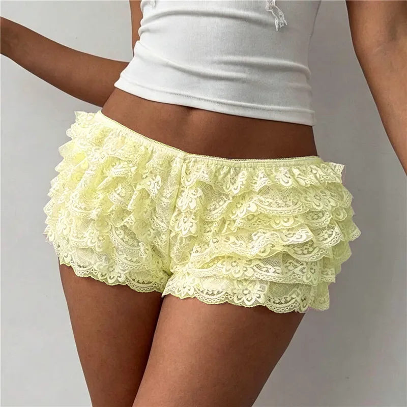 Women Ruffle Lace Bloomers Multi Layered Floral Lace Trim Mini Shorts Elastic Waist Cute Pettipants Y2K Lolita Underwear