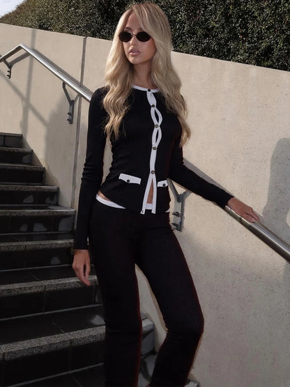 Casual Patchwork 2 Piece Set Women Single-Breasted Cardigan Full Sleeve Tops+Straight Pants Street Fashion Simple Set