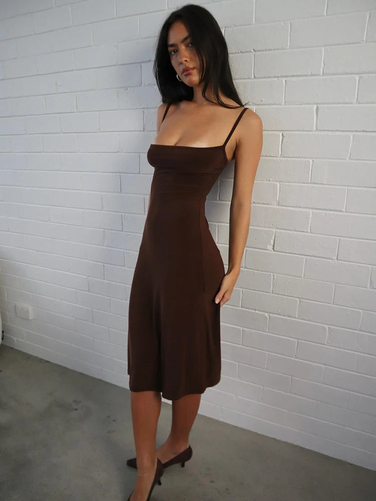 Spaghetti Strap Backless Sexy Midi Dress Women Elegant Sleeveless Bodycon Club Party Slip Long Dress Female Clothes