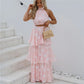 Vintage Polka Dot Halter Back Tie 2 Piece Matching Set Women Sleeveless Crop Top Tiered Layer Ruffle Long Skirt Summer