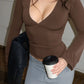Solid Color Slim Low Cut Deep V Long Sleeve Tops for Woman Sexy Fall Clothes Basic Casual Tee Shirts Ladies