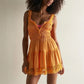 Women Spaghetti Strap Babydoll Dress Lace Trim V Neck Tiered Ruffle Hem Backless Smocked Flowy Mini Dress Vacation Beach