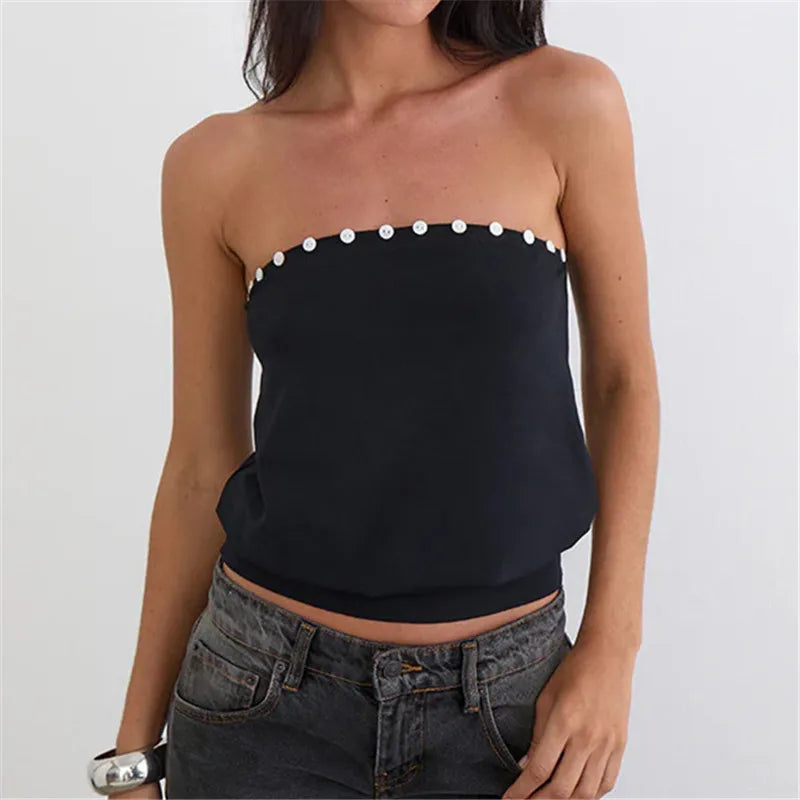 Y2K Button Trim Strapless Tube Top Women Elastic Waist Hem Bandeau Sleeveless Off Shoulder Cropped Blouse Streetwear