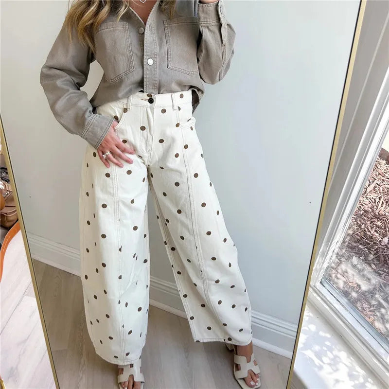 Polka Dot Jeans Women Y2K Print High Waisted Wide Leg Denim Pants Vintage Stretchy Boyfriend Jeans 90s 00s Streetwear