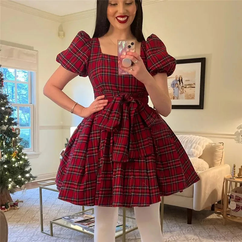 Ladies Retro Plaid Christmas Dress Square Neck Puff Short Sleeve Bow Waist A Line Swing Holiday Party Mini Dress