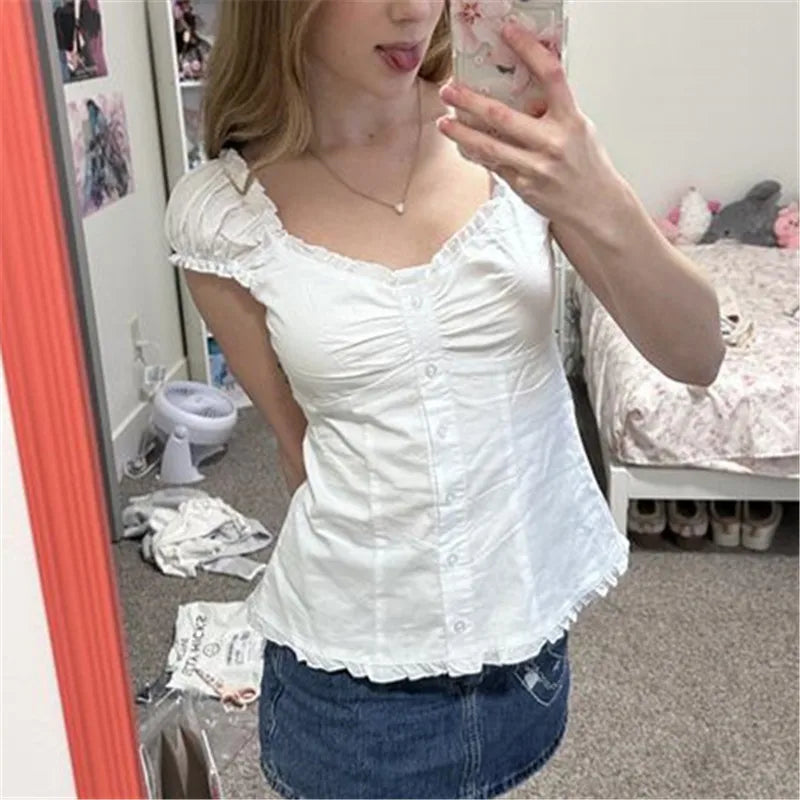 Women Fairy Grunge Crop Top Vintage Lace Short Sleeve Shirt Aesthetic Patchwork Square Neck T-Shirt 90s Harajuku Shirt