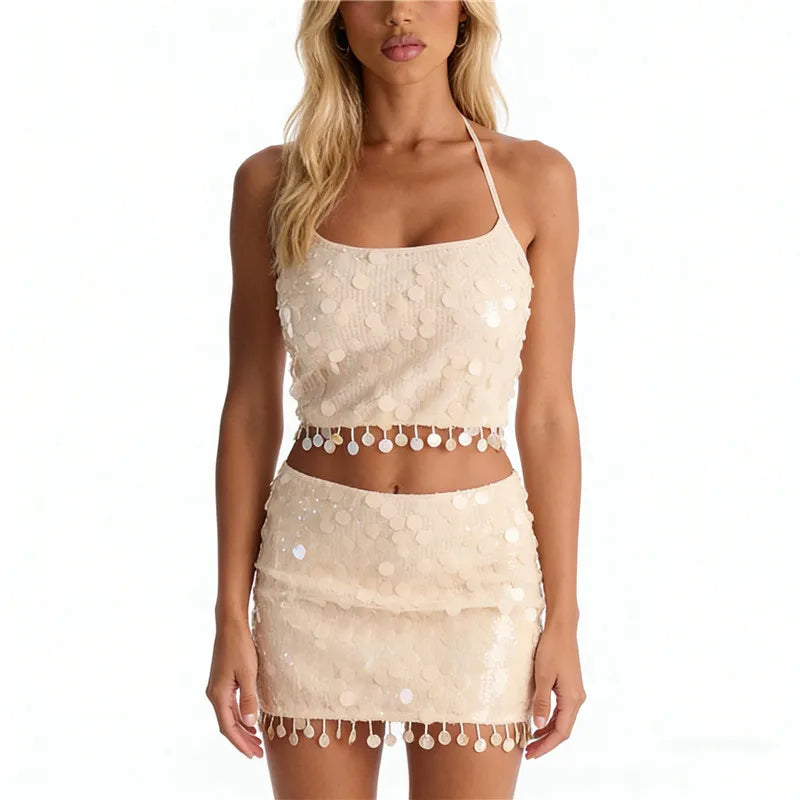 Women's Sequined Halter 2 Piece Outfit with Tassel Trim, Crop Top and Mini Skirt Set, Sparkly Clubwear for Rave Party
