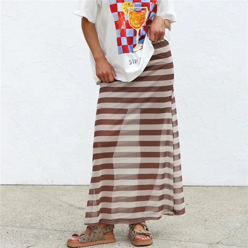 Y2K Casual Womens Striped See Through Mesh Long Skirt Elastic Waist Flared Hem Sheer Maxi Skirt Street Vacation Outfit