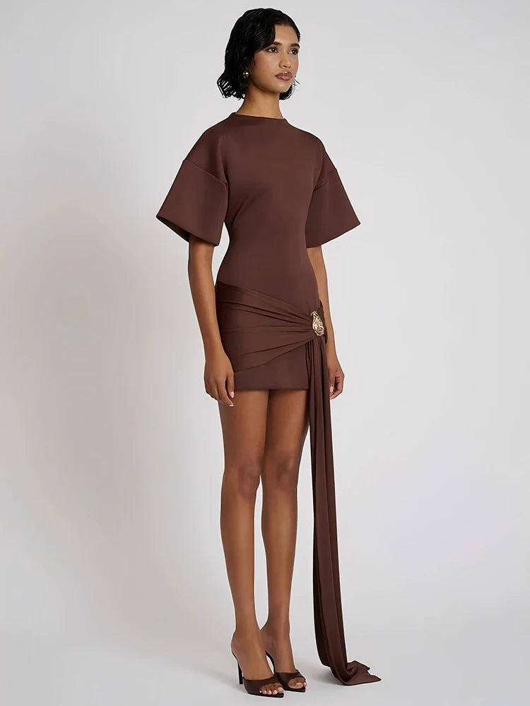 Fashion Short Sleeve Ruched Sexy Mini Dress Women Elegant Metal Decoration Solid O Neck High Waist Club Dresses New