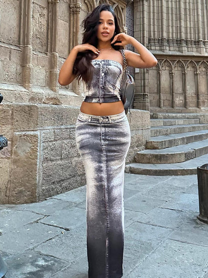 3d Denim Print Dress Two Piece Set Tube Top and Long Skirt Matching Sets Sexy Clubwear Outfits Women Fall 2023