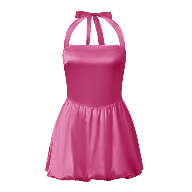 Women's Satin Halter Neck Mini Dress Tie Back Bow Bubble Skirt A-Line Sleeveless Bodycon Party Clubwear Cocktail Dress