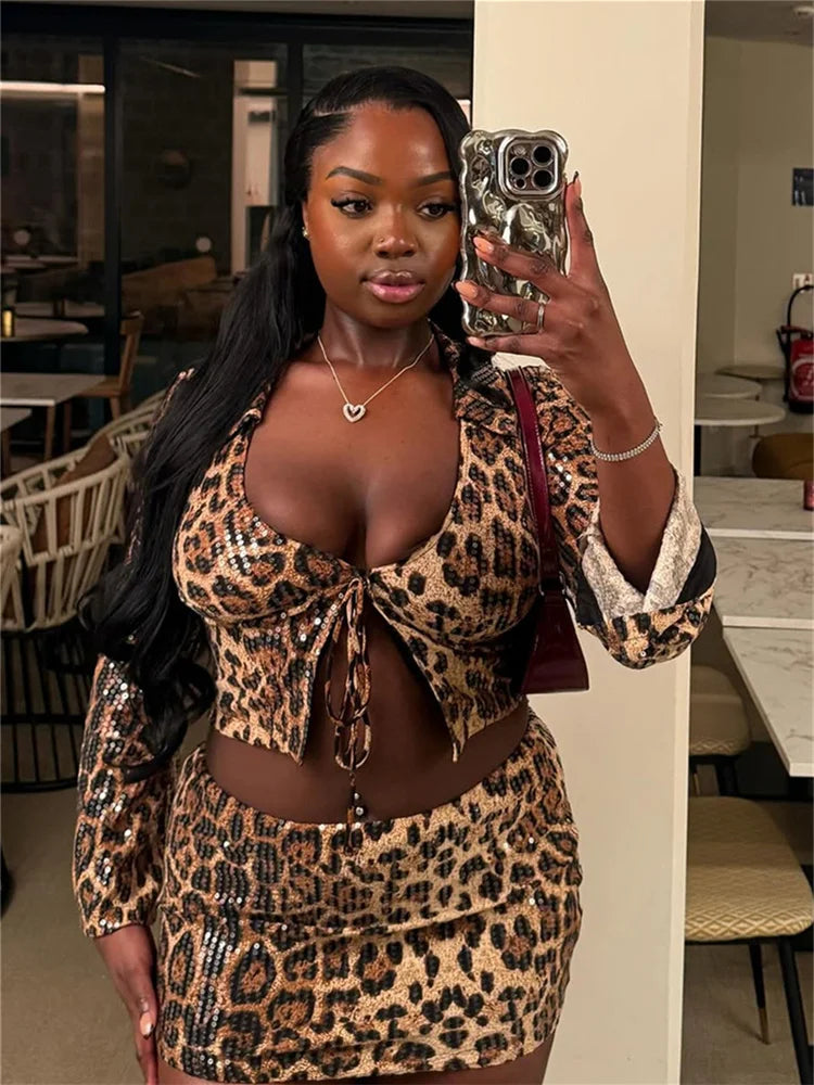 Leopard Print Sexy Wild 2 Piece Set Women Shiny Sequins Low-Neck Shirring Splits Tops+Skinny Skirts Club Party Suits