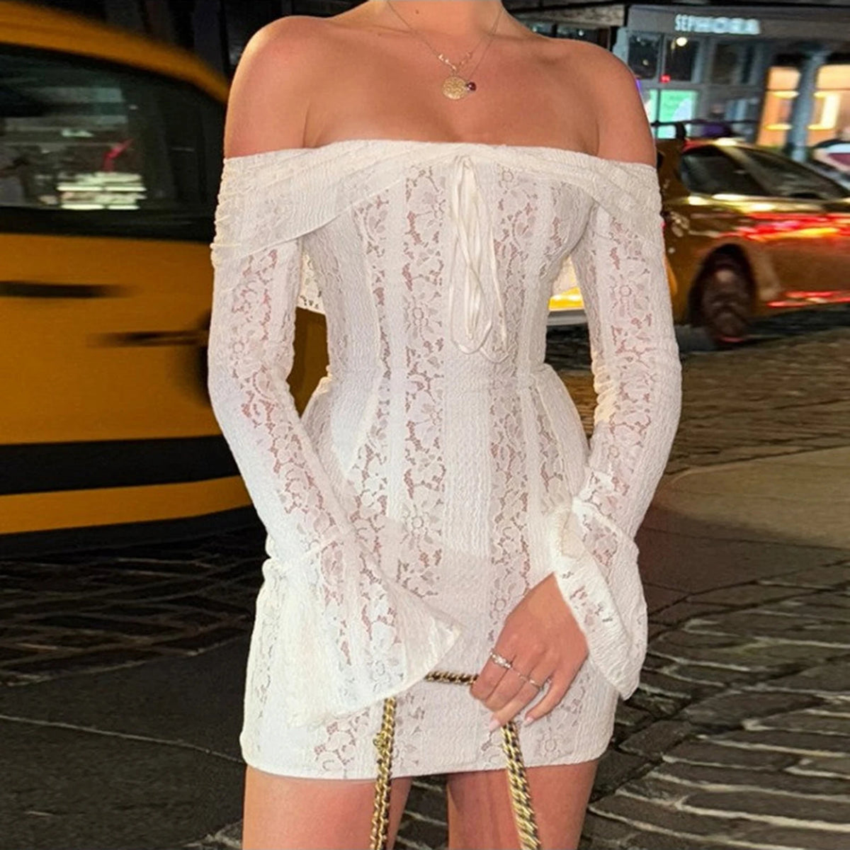Lace Slim Mini Dress for Women Off The Shoulder Sexy Long Sleeves Club Party Dresses Bodycon Elegant Autumn Dress