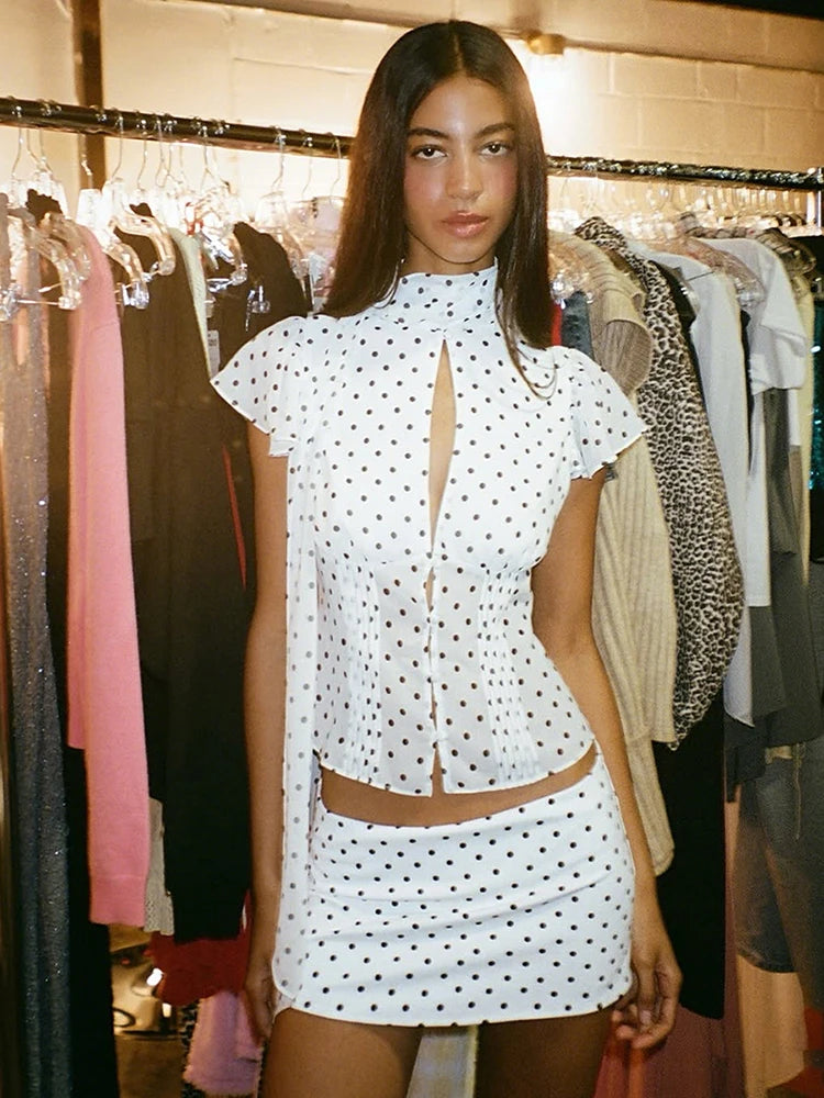 Polka Dot Print 3-Piece Set Women Scarf+Single-Breasted t-Shirt+Classic Skirt Summer Sexy Fashion Daily Streetwear