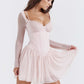 Lace Mesh Backless Sexy Mini Dress For Women Zipper Fishbone Square Collar Long Sleeve Ruched Club Party Dress New