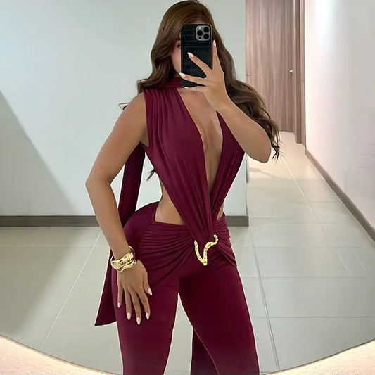 Sexy Jumpsuits for Woman Outfit Club Wear One Pieces Sleeveless Deep V Neck Backless Flare Jumpsuit