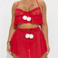 Women Christmas Mesh Lingerie Set White Pom Pom Decor Spaghetti Strap Ruffle Crop Top Mini Skirt Santa Costume Nightwear