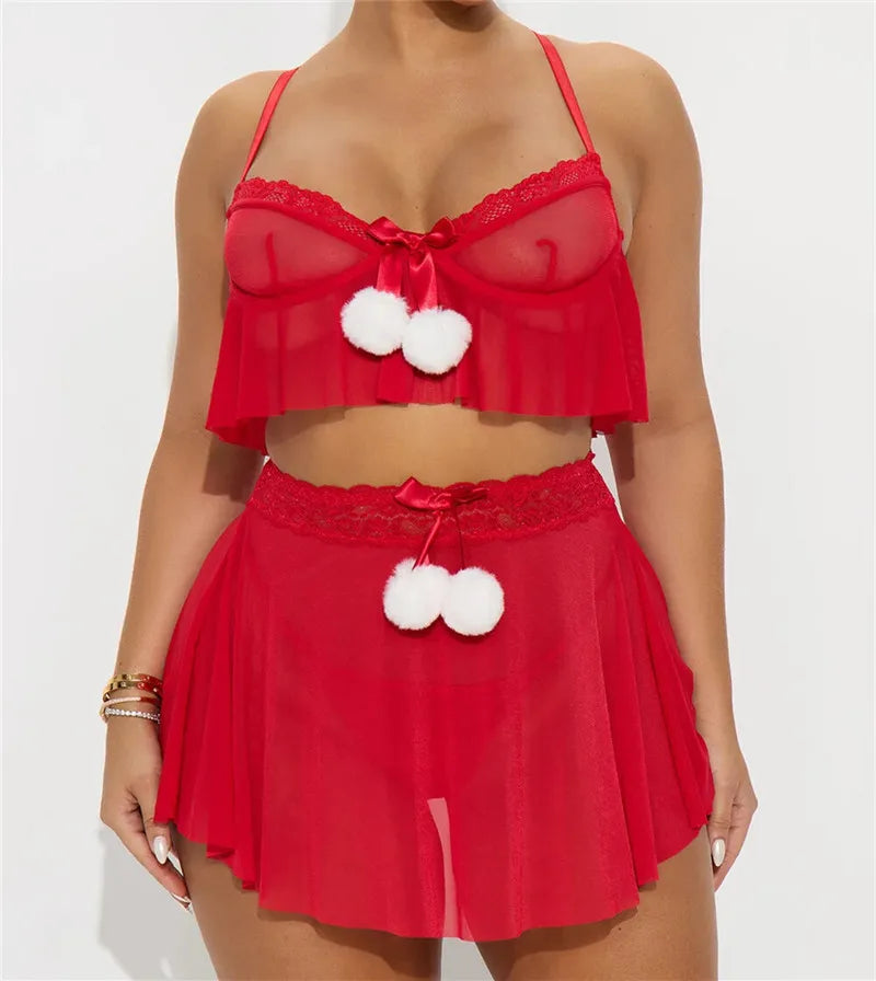 Women Christmas Mesh Lingerie Set White Pom Pom Decor Spaghetti Strap Ruffle Crop Top Mini Skirt Santa Costume Nightwear