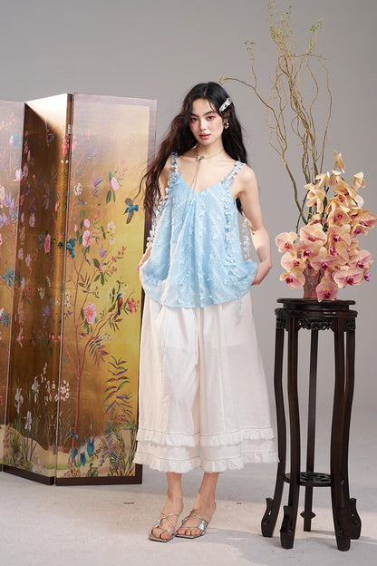 Floral 3D Lace Cami Top, V-Neck Flowy Sheer Tank Top, Romantic Casual Summer Camisole for Women