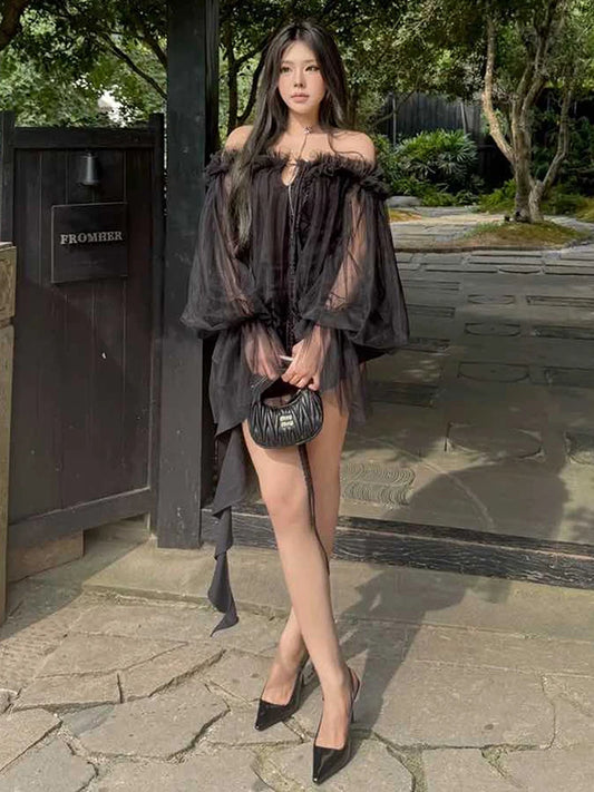 Sexy Mesh Dress Women Slash Neck Edible Tree Fungus Patchwork Bandage Hollow Ribbon Midnight Street Party Clubwear