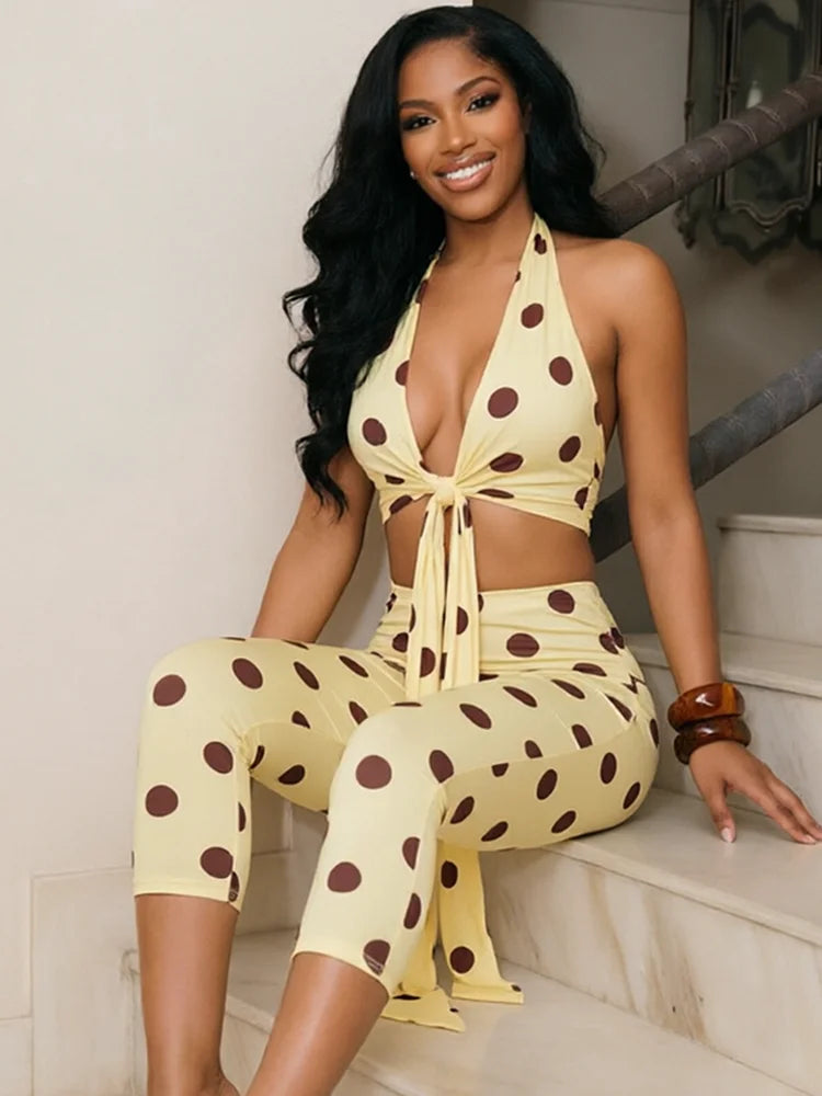 Polka Dot Print 2piece Set Women Tassel Halter v-Neck Kink Vest Elastic Waist Simple Short Midnight Sexy Fashion Suit