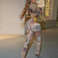 Colorful Print 2-Piece Set Women o-Neck Full Sleeve Crop Top+Elastic Waist Simple Pant See Through Sexy Street Suit