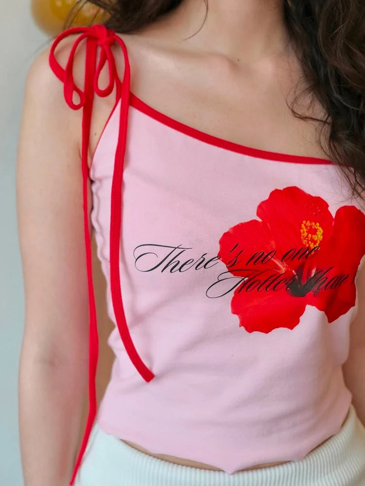 Y2K Sweet Style Tank Tops Women Flower Print Off Shoulder Shirring Backless Vacation Trend Beach Party Skinny Outfits