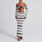 Knit Stripe Women 2 Piece Set Halter Slash Neck Lace Up Long Sleeve Tops and Maxi Skirts Sexy Mujer Club Midnight Suit