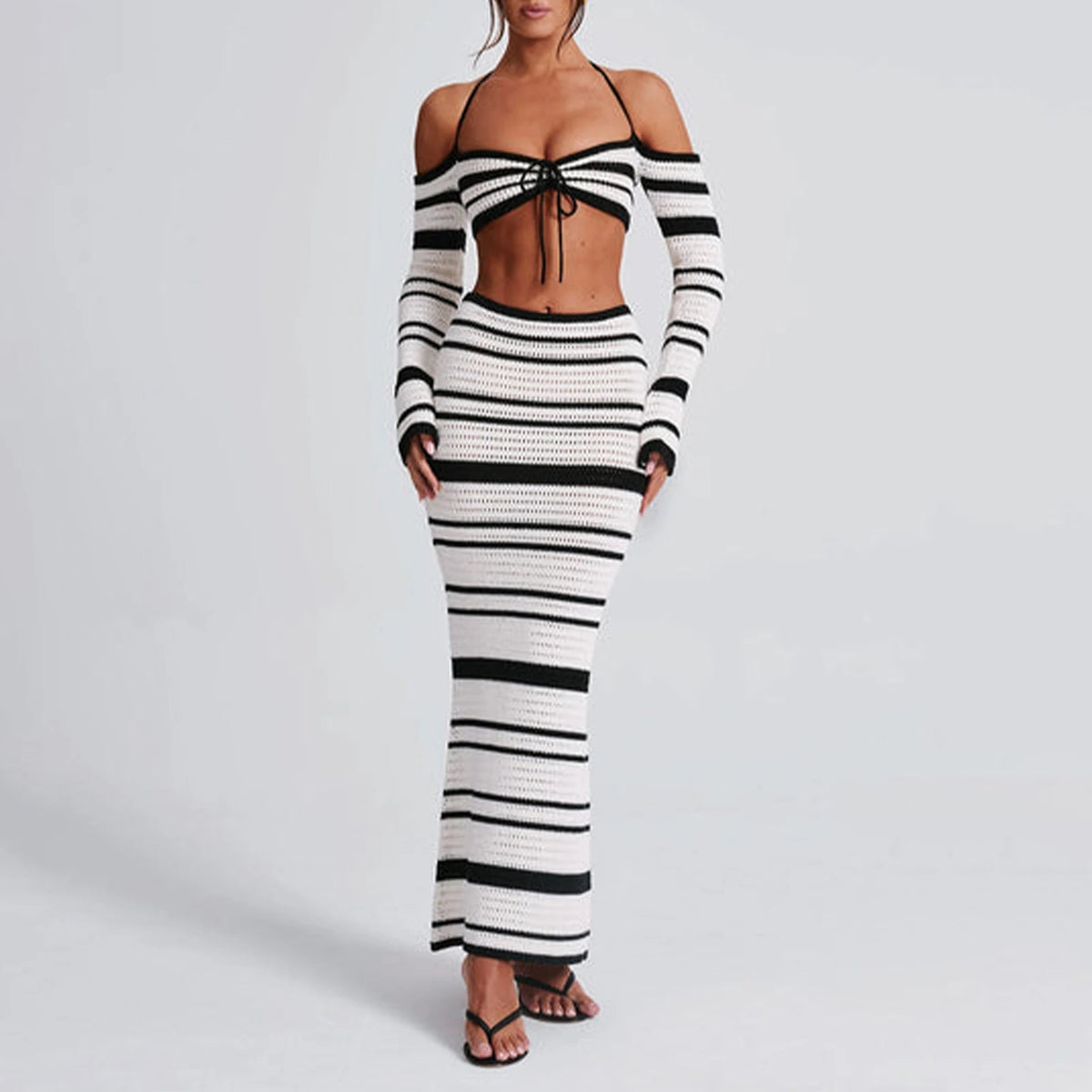 Knit Stripe Women 2 Piece Set Halter Slash Neck Lace Up Long Sleeve Tops and Maxi Skirts Sexy Mujer Club Midnight Suit