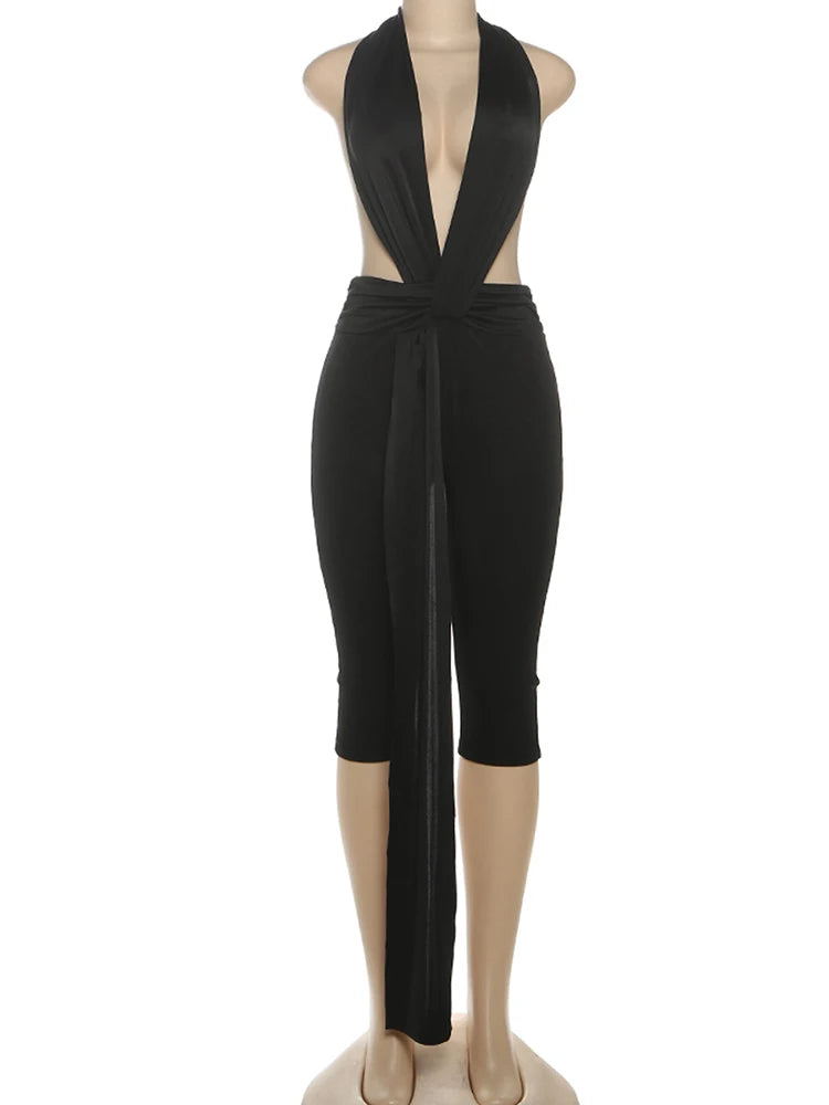 Backless Halter Romper Women Ribbon Patchwork Sleeveless Elastic Workout Activewear Midnight Activity Slim Playsuits