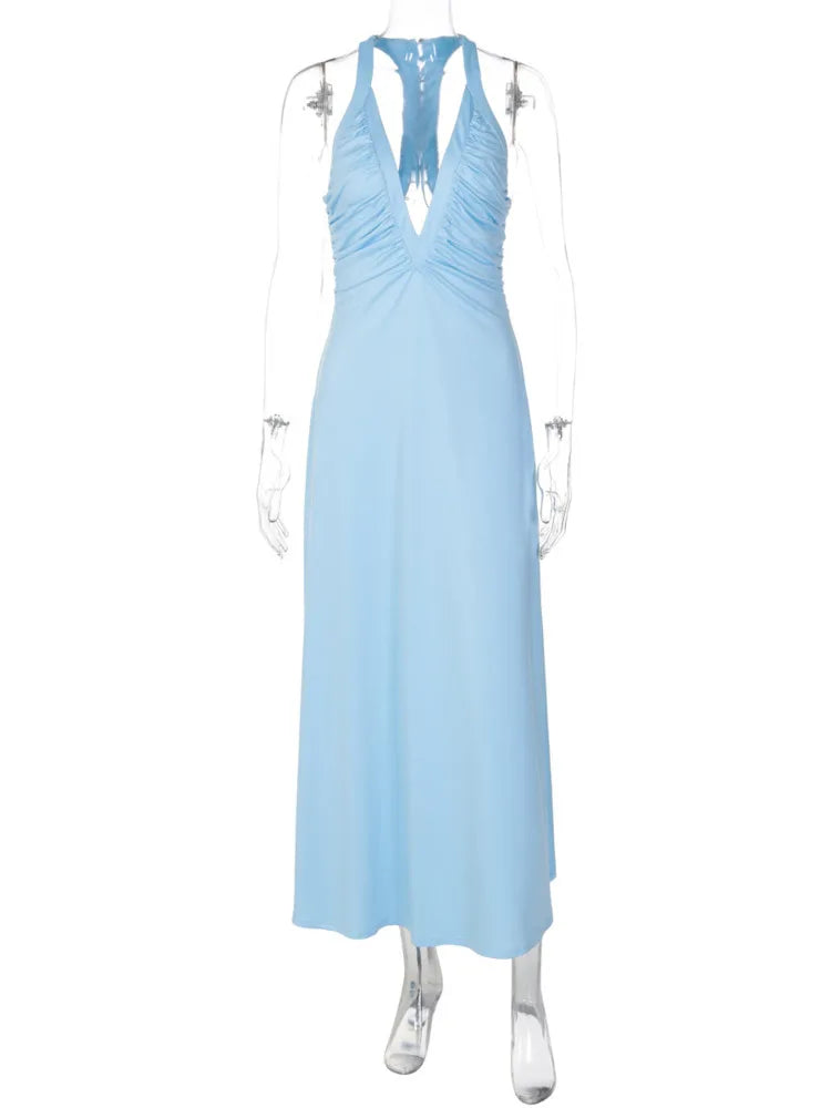 Women Halter Sexy Maxi Dress Deep V Neck Ruched Bust Bodycon Long Dress Elegant Evening Cocktail Party Formal Dresses