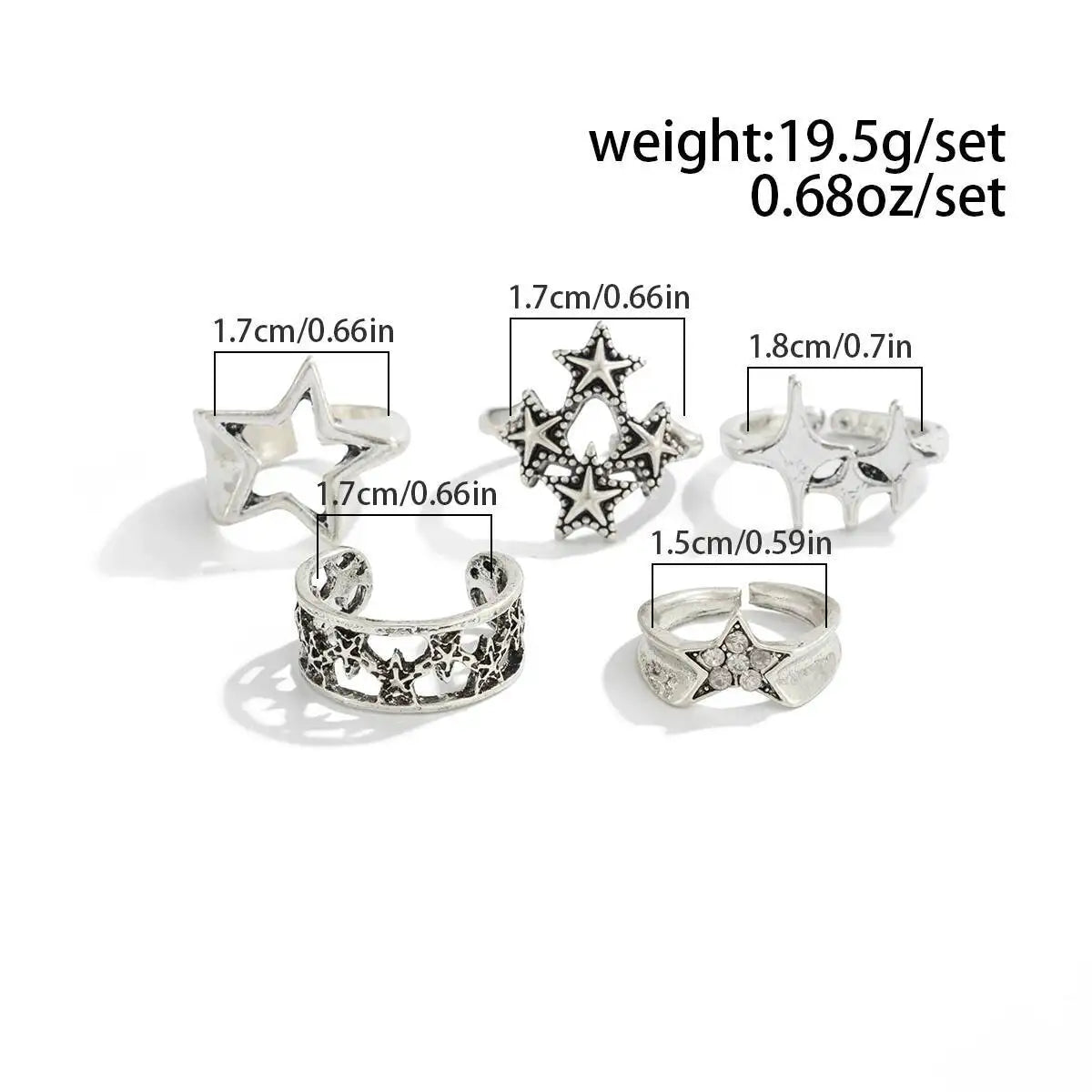 5Pcs Hip Hop Hollow Out Stars Open Rings Set for Men Gothic Geometric Pentagram Adjustable Knuckle Ring Party Jewelry New