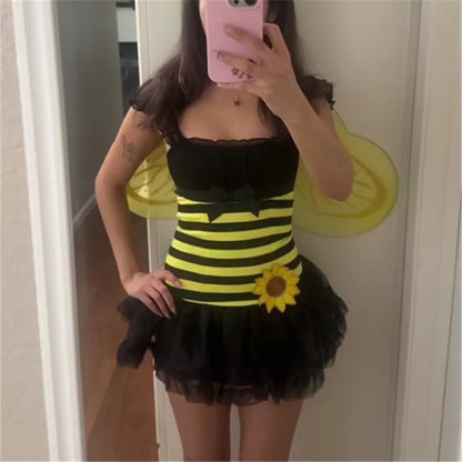 Women Bumble Bee Halloween Costume Dress Striped Mesh Puff Sleeve Bow Sunflower Decoration Tulle Tutu Mini Party Dress
