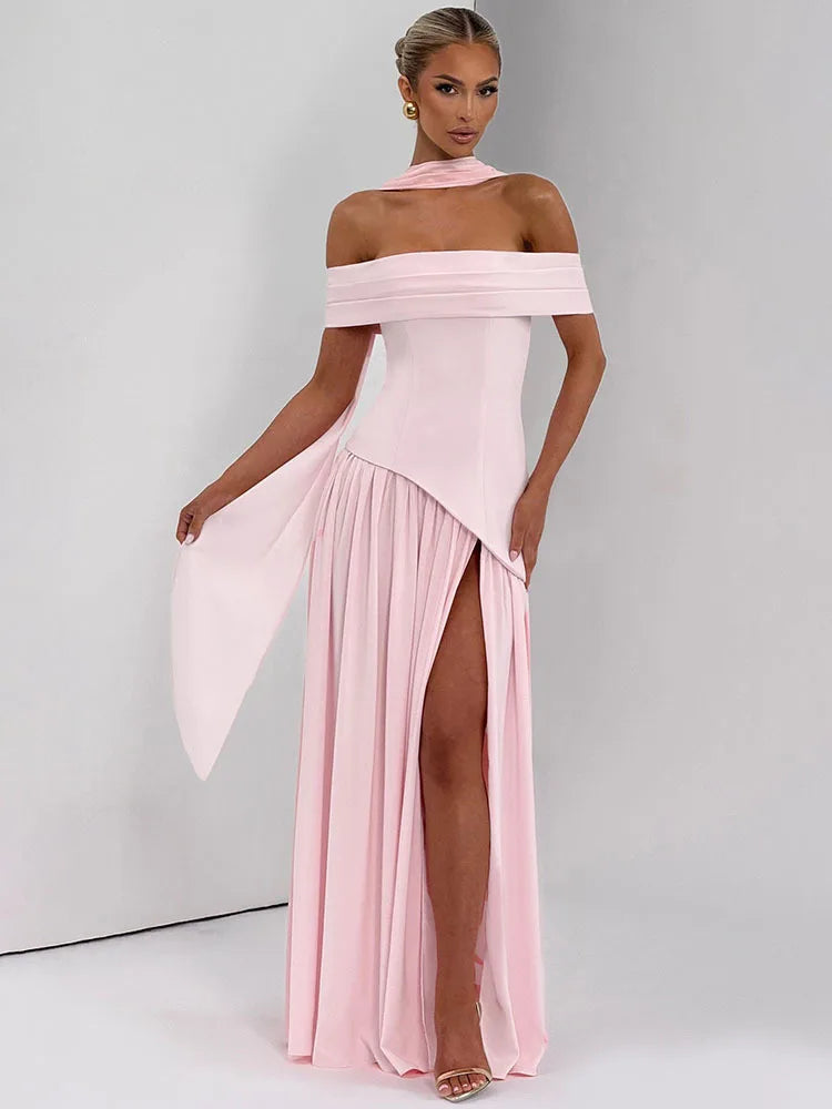 Off-shoulder Backless Sexy Maxi Dress Women Fashion Strapless Sleeveless Pleated Thigh High Split Club Party Long Dress
