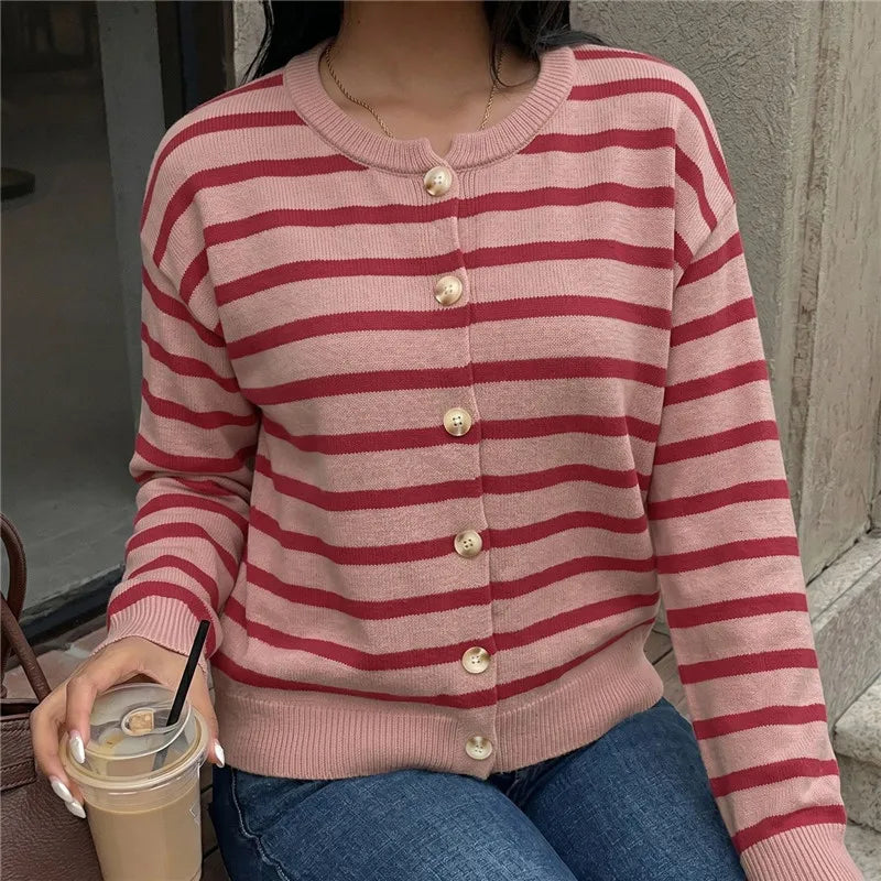 Women Striped Knit Cardigan Crew Neck Button Down Long Sleeve Sweater Notched Neckline Knitwear Fall Winter Streetwear