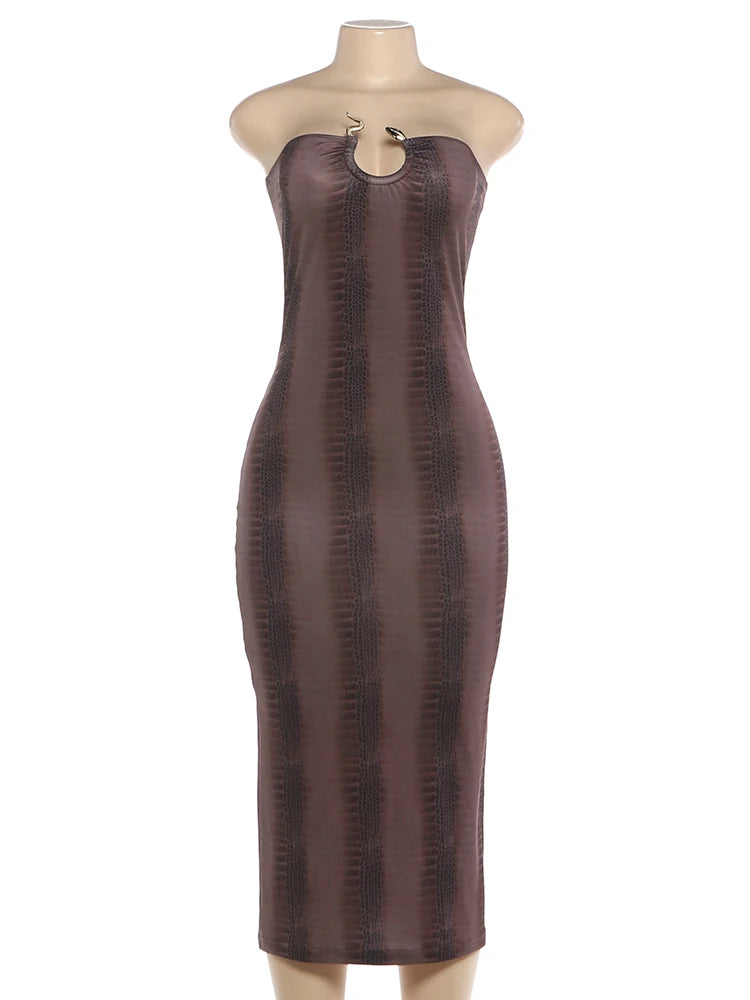 Gradient Strapless Long Dress Women Trend Metal Rings Low-Neck  Backless Tight Peach Hip Midnight Club Party Chic Bod