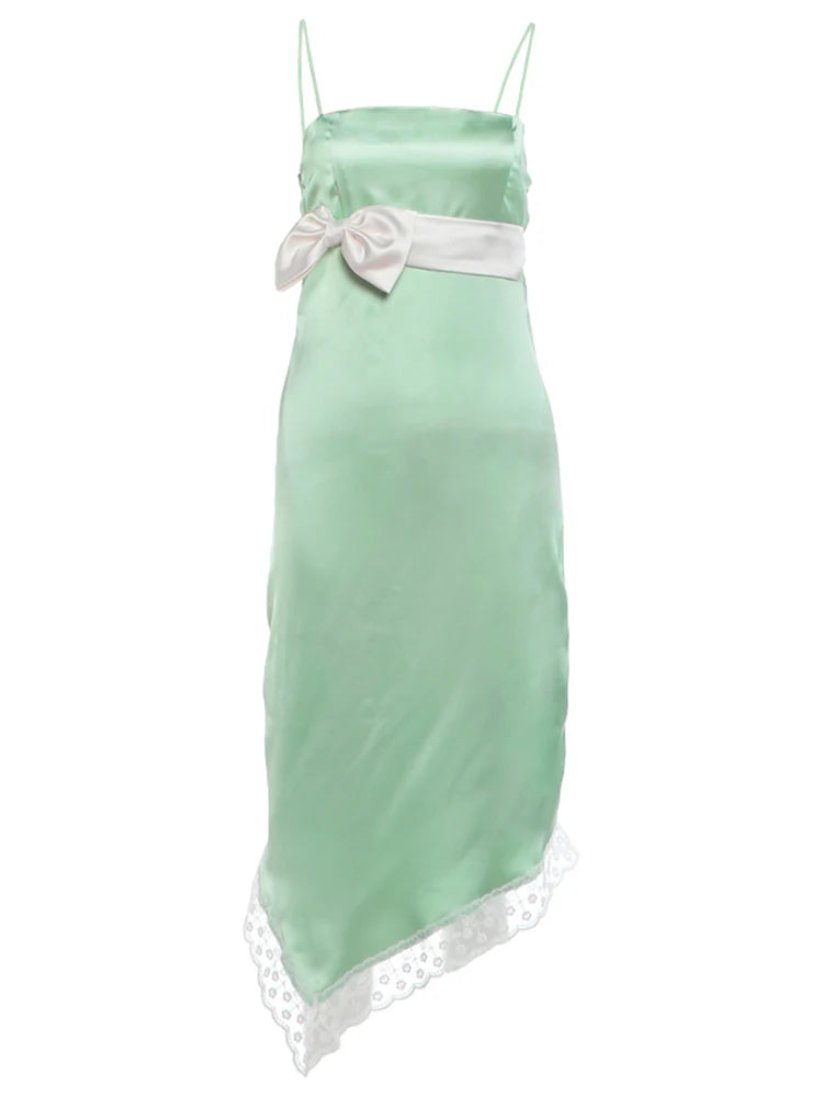 Bow Decoration Maxi Dress Women Low-Neck Patchwork Lace Satin Skinny Elegant Vacation Chic Dinner Party Vestidos