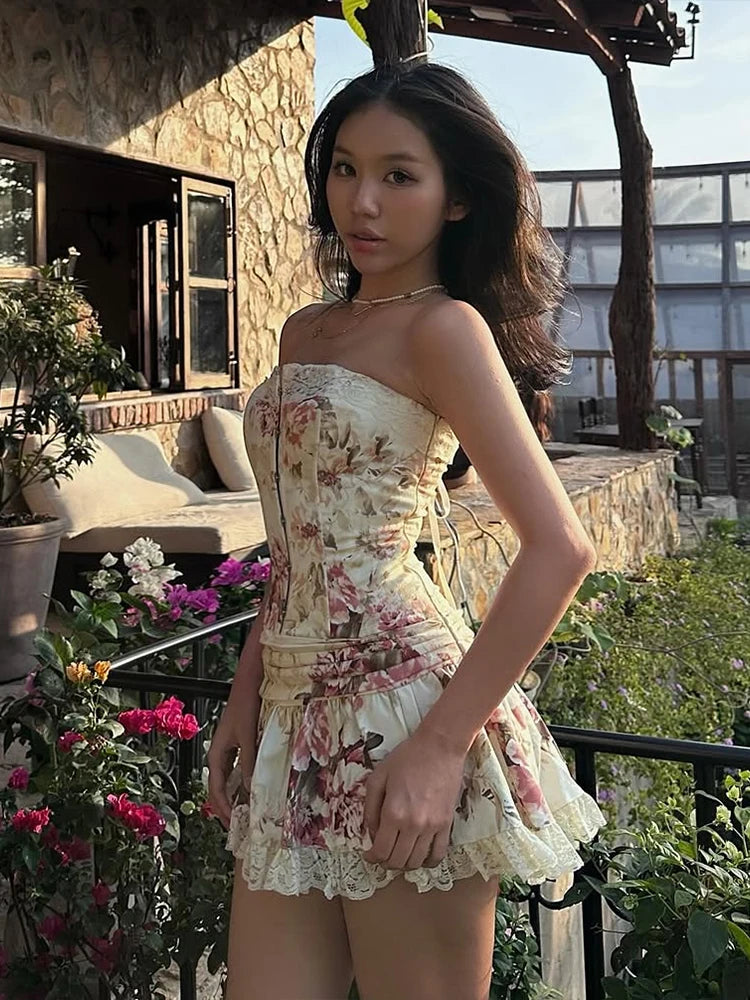 Flower Print 2-Piece Set Women Y2K Single-Breasted Metal Buckle Wrap Top+Lace Folds Hem Skirt Sweet Matching Suits