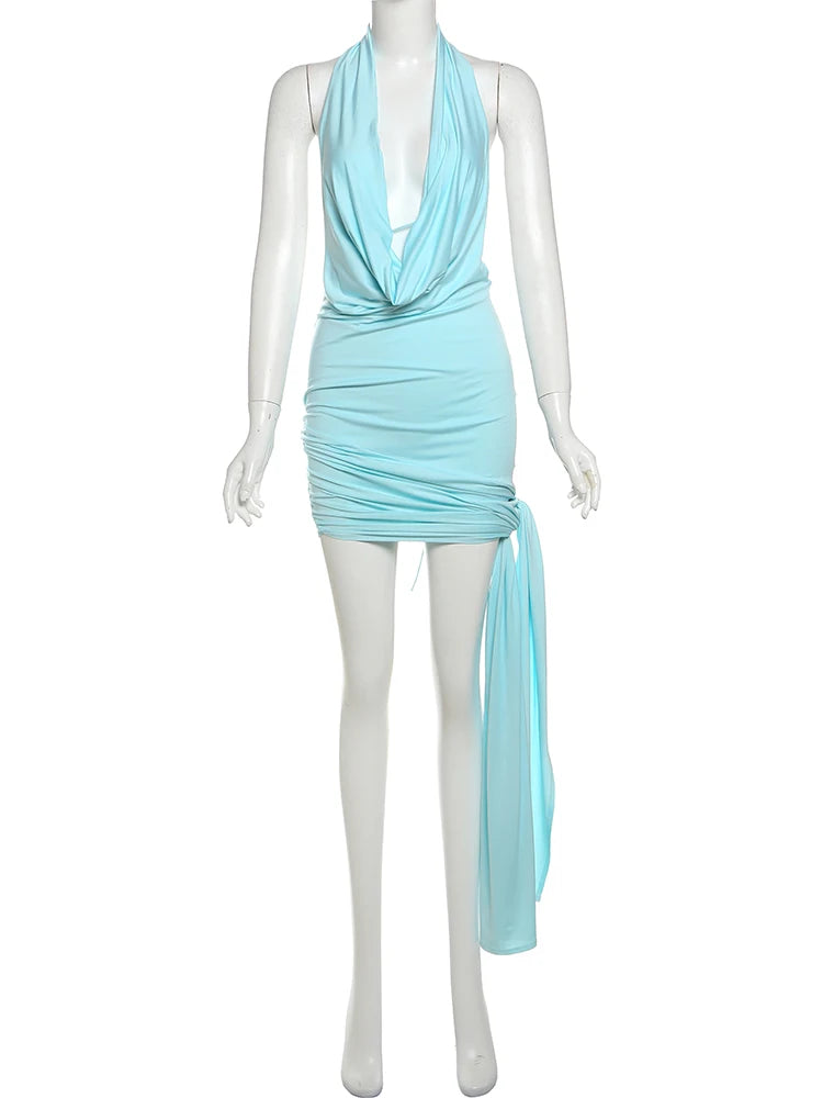 Side Split Sexy Dress Women Multilayer Knot Ribbon Halter Swing Collar Backless Sleeveless 2 Ways Wear Trend Bodycon