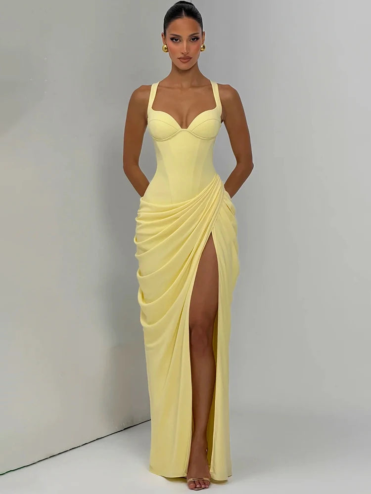 Women Sexy Maxi Dress Sleeveless Sweetheart Neck High Split Draped Ruched Long Party Dress Formal Wedding Guest Dress