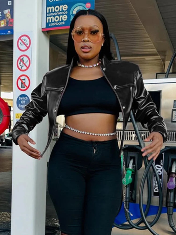 Irregular PU Jacket Women Sexy Stand Collar Magnetic Snap Button Chic Waistless Street Clubwear Hipster Autumn Coat