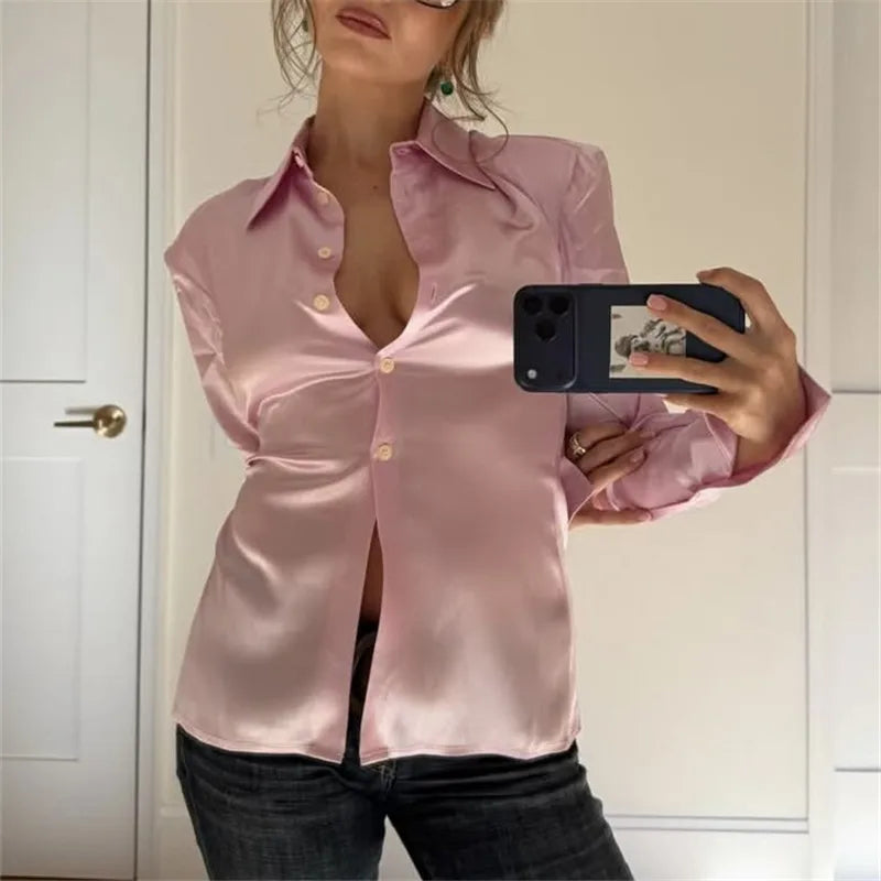 Satin Silk Waist Ruched Fitted Shirt Women Long Sleeve Lapel Collar Button Up Slim Bodycon Blouse Casual Streetwear