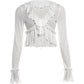 Ruffled Patchwork T-Shirt Women Autumn Simple See Through Bell Sleeve Bandages Fashion Trend Street Party Crop Tess