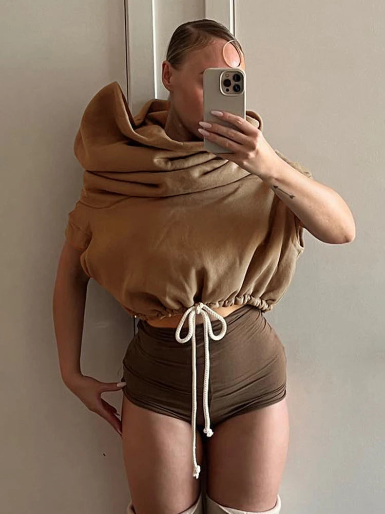 Hooded Pullover Tank Top Women Hipster Casual Simple Wild Basic Streetwear Autumn Fashion Shirring Skinny Slim Vest