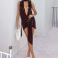 Shiny Sequins Dress Women Halter Scarf+Sexy Deep V-Neck Backless Sleeveless Ruched Ribbon Club Coquettish Outfits