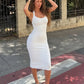 Women Halter U‑Neck Sexy Midi Dress Sleeveless Striped Bodycon Knee‑Length Dress Solid White Club Party Evening Dresses